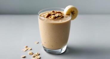Delicious Banana Peanut Butter Oatmeal Smoothie in Glass. photo
