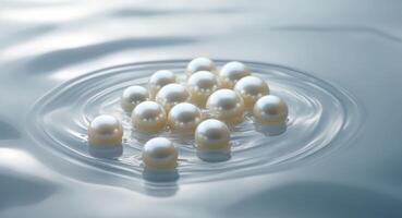 A bunch of pearls are floating in the water. photo