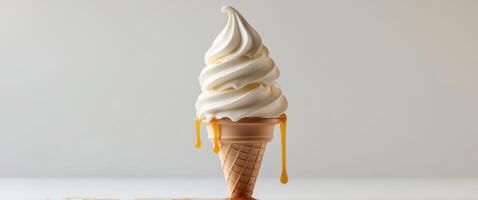 Melting Vanilla Soft Serve Ice Cream Cone. photo