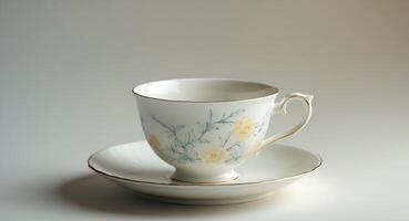 A white tea cup with a floral design sits on a saucer photo