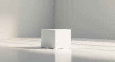 White cube on a glossy surface with soft lighting. photo