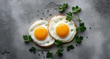 Fried eggs on a textured gray background with vibrant yellow yolks and green parsley sprigs creating a nutritious and appealing food concept photo