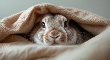 A close up of a rabbit peeking out from under a blanket photo