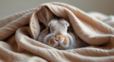 A close up of a rabbit peeking out from under a blanket. photo