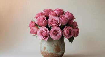 A stunning display of colorful roses in a rustic vase that captures the essence of love. photo