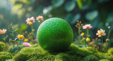 A vibrant green object surrounded by lush foliage and flowers in a serene natural setting. photo