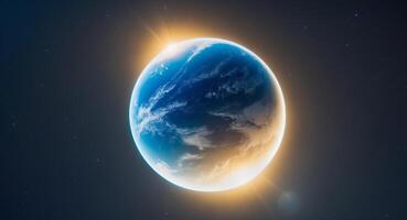 A view of the Earth from space with a sun in the background photo