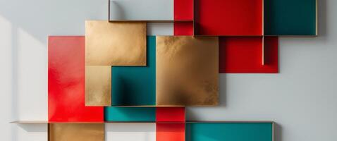 Abstract Geometric Design with Interlocking Squares and Vibrant Hues of Red Gold and Teal photo