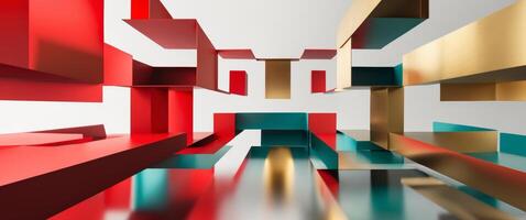 Abstract Geometric Design with Interlocking Squares and Vibrant Hues of Red Gold and Teal. photo