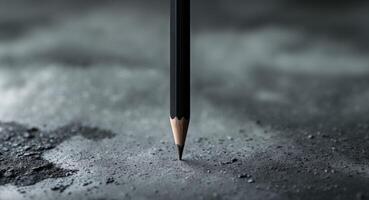 Black pencil placed vertically on a textured gray concrete background with ample copy space for text insertion photo