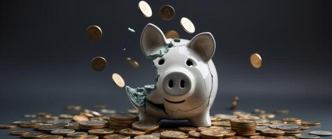 Broken piggy bank surrounded by scattered coins on a dark background during a financial struggle. photo