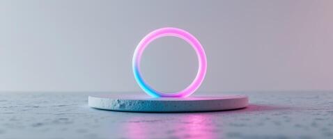 Circular neon ring with pink and blue gradient on a textured surface. photo