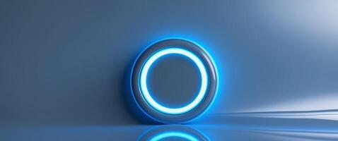Circular neon light button with blue glow on a sleek surface photo