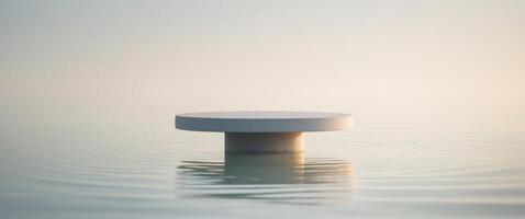 Circular pedestal display over calm water with soft ambient light photo