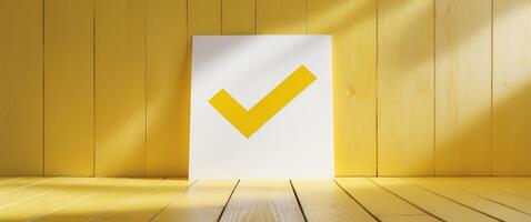 correct check on paper with board on yellow , copy space concept for wallpaper or background. photo