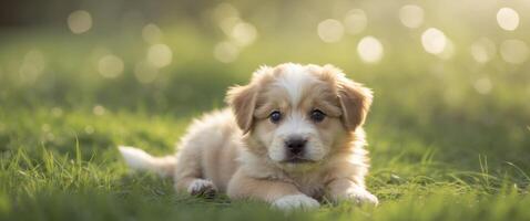 Cute puppy lying on the grass in a natural outdoor setting photo