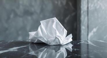 Crumpled white tissue on glossy marble surface with soft grey textured wall background creating ample negative space for text and design. photo