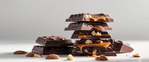 Dark chocolate pieces stacked with nuts and caramel filling falling apart photo