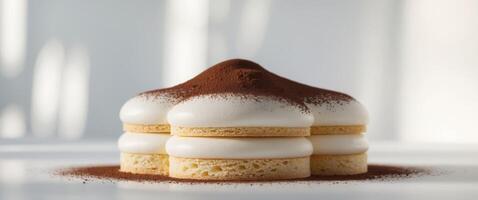 dessert with layers of creamy mousse on sponge cake and dusting of cocoa powder photo