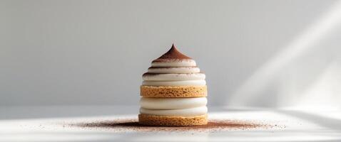dessert with layers of creamy mousse on sponge cake and dusting of cocoa powder. photo