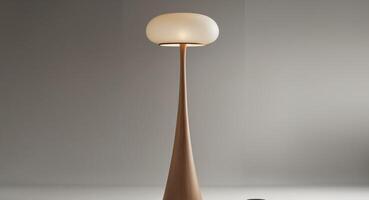 Elegant floor lamp featuring curved wooden base and translucent matte plexiglass insert design photo