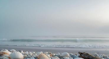 Foggy morning at a serene beach with gentle waves lapping on the shore. photo