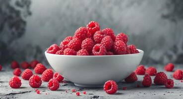 Fresh red raspberries overflowing in a white bowl on a textured gray concrete background with scattered berries and ample copy space photo