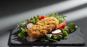 Fried cutlet on a bed of mixed greens with sliced tomatoes and radishes arranged on a dark slate background with ample negative space for text photo