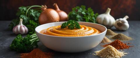 Ginger Garlic Onion Tomato Puree with Fresh Ingredients in Bowl Surrounded by Spices on Dark Background. photo