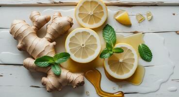Ginger and lemon slices with fresh mint and honey arranged on a rustic white wooden surface with ample negative space for text design. photo