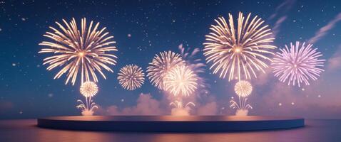 Golden celebration fireworks and circular platform in festive night sky. photo