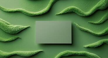 Green textured surface with blank rectangular card for branding or promotional messages Copy Space. photo