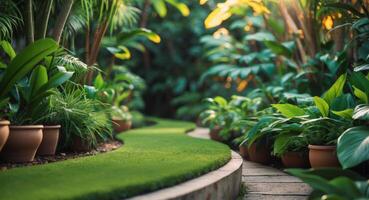 Lush green turf pathway in a vibrant tropical garden with potted plants. photo