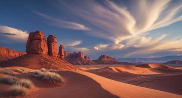 Majestic Desert Landscape Featuring Red Rock Formations and Rolling Sand Dunes Under a Dramatic Sky Highlighted by Soft Cloud Coverage. photo