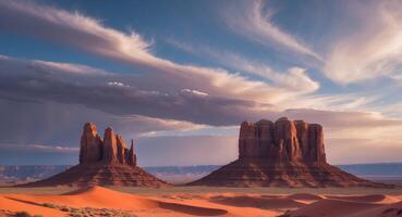 Majestic Desert Landscape Featuring Red Rock Formations and Rolling Sand Dunes Under a Dramatic Sky Highlighted by Soft Cloud Coverage photo