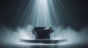 Mysterious dark stage rock podium for product showcase in foggy atmosphere with light rays photo