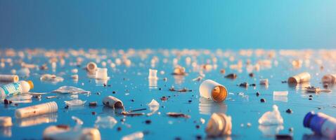 pollution in the water with plastic and other debris floating on the surface. photo