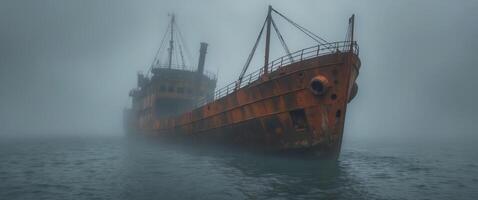 Rusted abandoned ship in dense fog on a desolate sea with an eerie atmosphere. photo