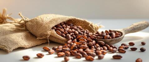Rustic Cocoa Beans on Burlap Sack with Wooden Spoon photo