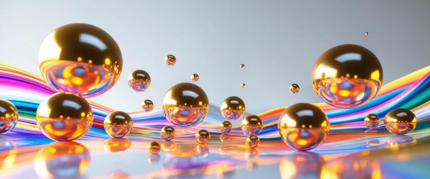 brillante dorado esferas flotante en dinámica olas de ligero y color foto