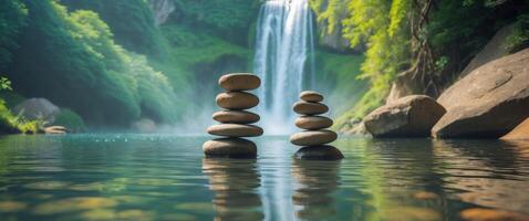 Stacked Stones in Calm Water by a Picturesque Waterfall in Nature photo
