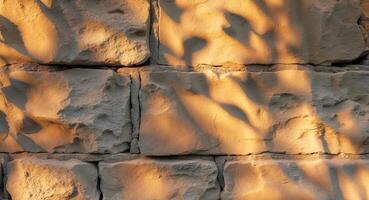 Sunlit Stone Wall Texture with Leaf Shadows photo