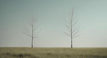 Two trees are standing next to each other in a field. photo