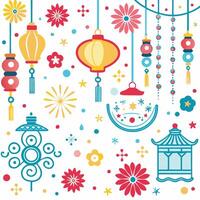 chinese lanterns and flowers on a white background vector