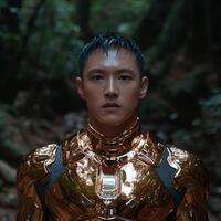 Futuristic soldier in golden armor stands in a forest photo