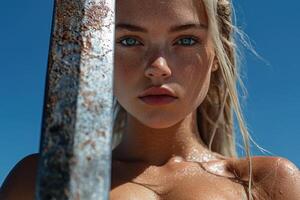 Close up portrait of a young woman with freckles and blue eyes, partially obscured by a rusty metal object photo