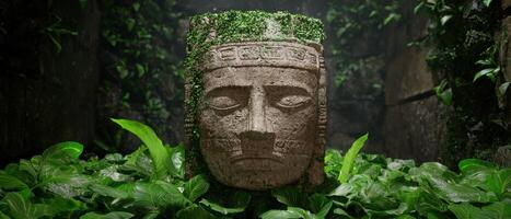 Ancient stone face statue in lush jungle setting photo