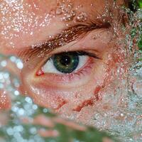 Close up of a persons eye underwater with water splashing photo