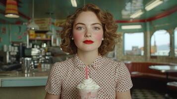 Young woman in a retro diner enjoying a milkshake photo
