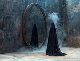 Mysterious figure in black veil stands before an antique mirror in a dark, atmospheric setting photo